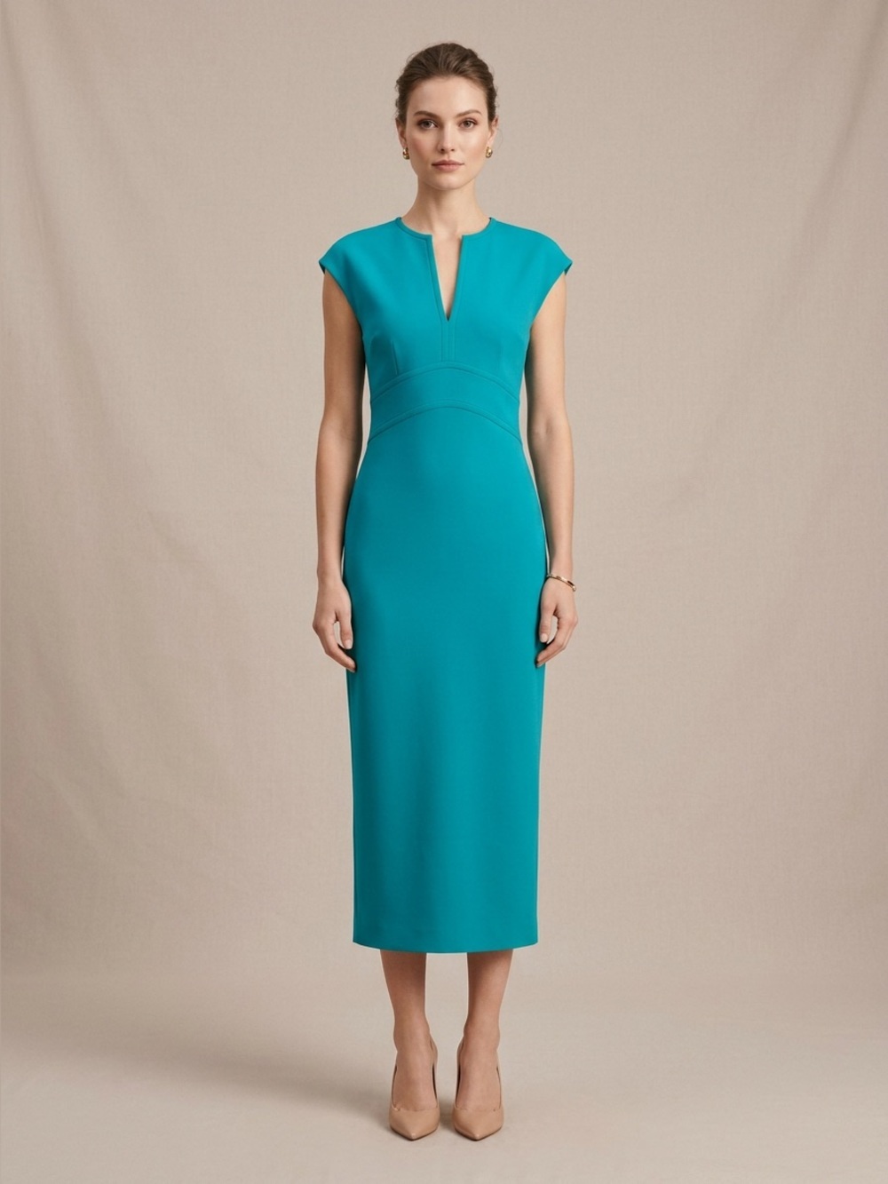 ESCADA Cap Sleeve Teal Turquoise Sheath Midi Dress Sz 40 Viscose Blend Woven